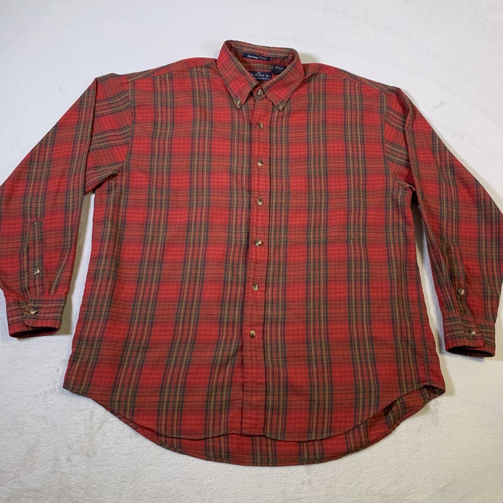 Gant Shirt Mens Large Red Plaid Heritage‎ Twill Long Sleeve Button Down Preppy
